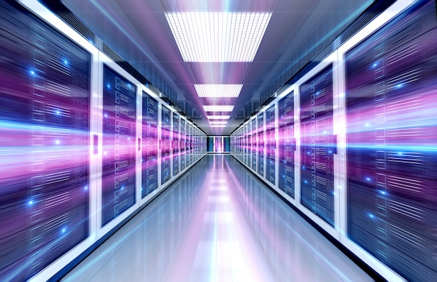 Foto server-rechenzentrumsraum mit hellem geschwindigkeitslicht durch den korridor