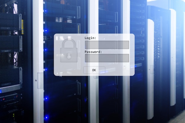 Serverraum-Login und Passwort-Anfrage, Datenzugriff und Sicherheit