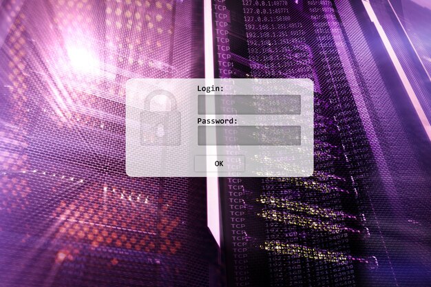 Serverraum-Login und Passwort-Anfrage, Datenzugriff und Sicherheit