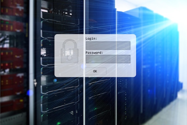 Serverraum-Login und Passwort-Anfrage, Datenzugriff und Sicherheit