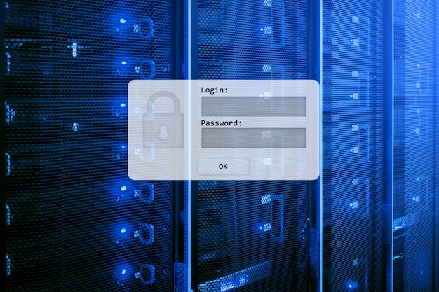 Serverraum-Login und Passwort-Anfrage, Datenzugriff und Sicherheit