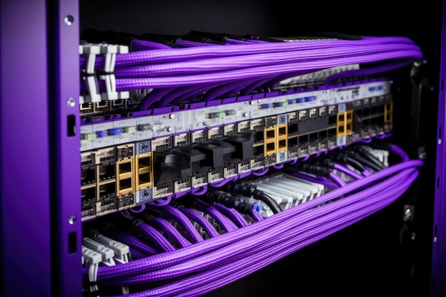 Serverraum mit Switch-Internetkabeln und -drähten Glasfasergeräte im Rechenzentrum Netzwerk-Hintergrund