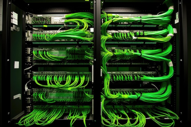 Serverraum mit Switch-Internetkabeln und -drähten Glasfasergeräte im Rechenzentrum Netzwerk-Hintergrund