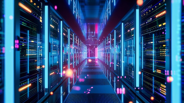 Serverraum und digitale Computertechnologie und Netzwerkkonzept Datenspeicherung und Cyberinfrastruktur Hintergrund