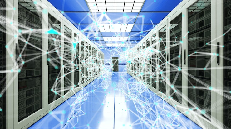 Foto serverraum und verbindungspunkte im rechenzentrums-webnetzwerk und internet-telekommunikationstechnologie 3d-rendering
