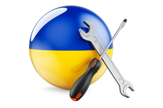 Service und Reparatur in der Ukraine Konzept Schraubenzieher und Schraubenschlüssel mit ukrainischer Flagge 3D-Rendering