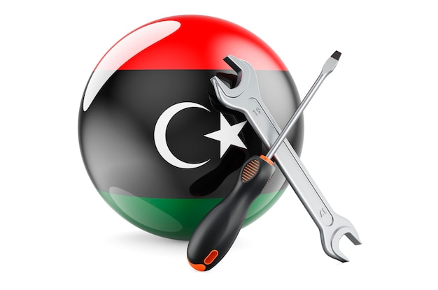 Service und Reparatur in Libyen Konzept Schraubendreher und Schraubenschlüssel mit libyscher Flagge 3D-Darstellung isoliert auf weißem Hintergrund