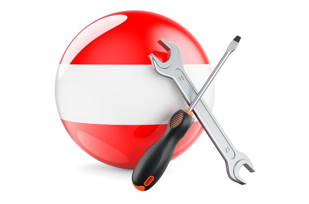 Service und Reparatur in Österreich Konzept Schraubenzieher und Schraubenschlüssel mit österreichischer Flagge 3D-Rendering