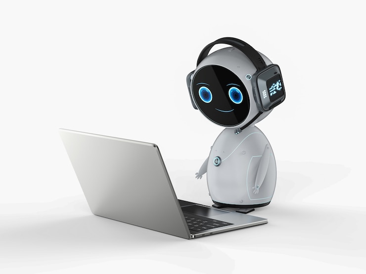 Foto servicio al cliente de automatización con robot trabajando con portátil.