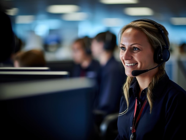 Servicio al cliente trabajando en la oficina sonriendo agente del centro de llamadas femenino con auriculares