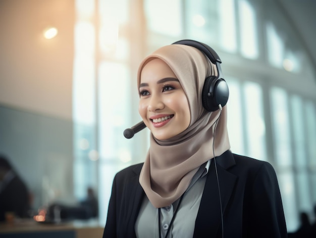 Servicio al cliente trabajando en la oficina sonriendo musulmana asiática mujer agente de CS con auriculares