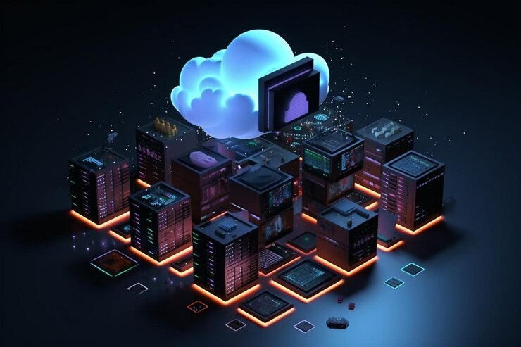 Foto servicio de almacenamiento en la nube composición isométrica con almacenamiento de información de trabajo en la oscuridad