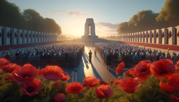 Foto servicio de amanecer del día de anzac en el monumento a la guerra de australia ilustración digital realista