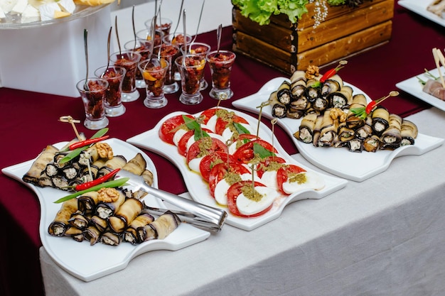 Servicio de catering Kebabs caprese de salmón y otras comidas sabrosas