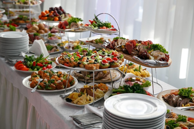 Foto servicio de catering. mesa de restaurante con bocadillos en el evento.