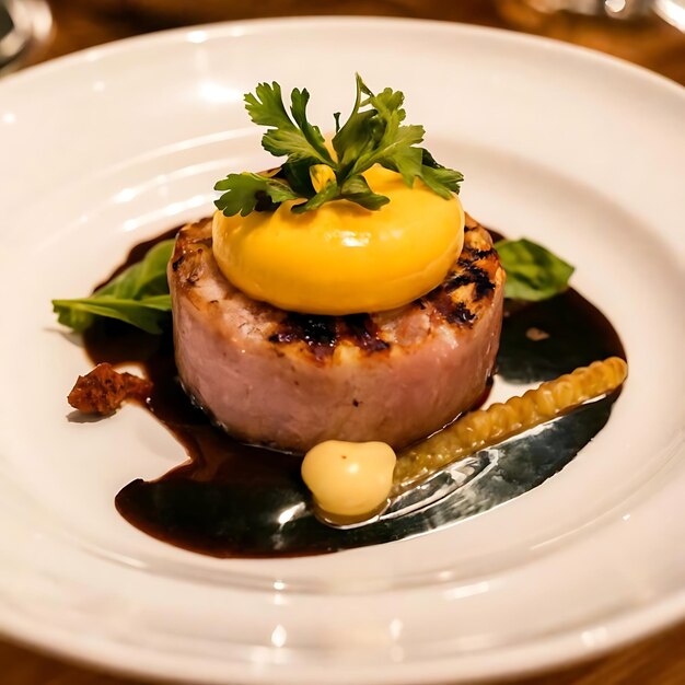 Foto servicio de comida de lujo plato principal servido en un restaurante o una cena formal incluso