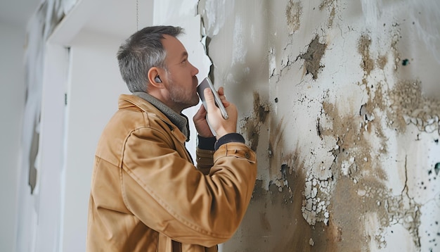 Foto servicio de eliminación de moho hombre hablando por teléfono y mirando la pared afectada en la habitación