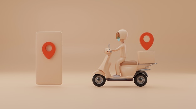 Servicio de entrega en línea por scooter. Representación 3d