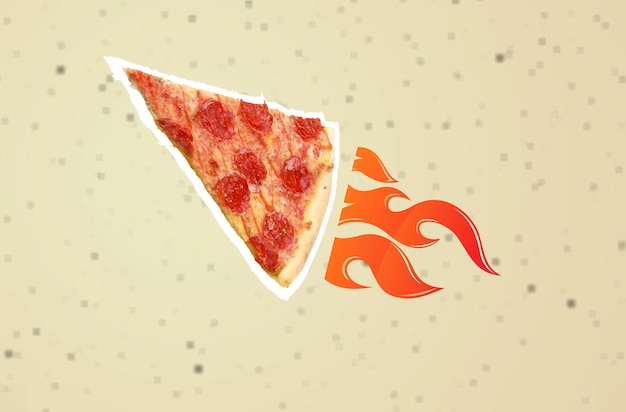 Foto servicio de entrega rápida concepto de tiempo de pizza colage de arte contemporáneo de pizza en forma de cohete
