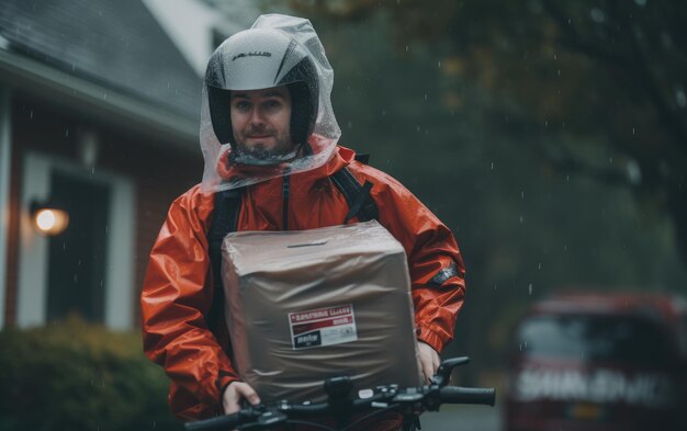 Foto el servicio de entrega tormentoso desafía los elementos en el equipo de lluvia