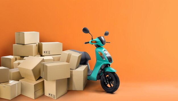 Servicio de entrega urgente en motocicleta Motoneta verde con muchas cajas de entrega sobre fondo naranja