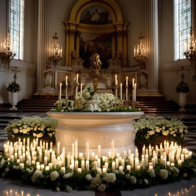 Servicio de la iglesia con velas y flores como símbolos de pureza y devoción