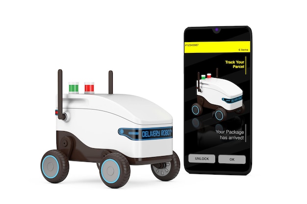 Servicio de inteligencia artificial Robot de entrega Drone cerca de teléfono inteligente Teléfono móvil Mostrando aplicaciones de entrega Renderización en 3D