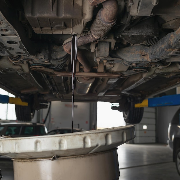 Servicio de mantenimiento de un proceso de coche de drenaje de aceite de motor usado viejo para reemplazarlo por uno nuevo