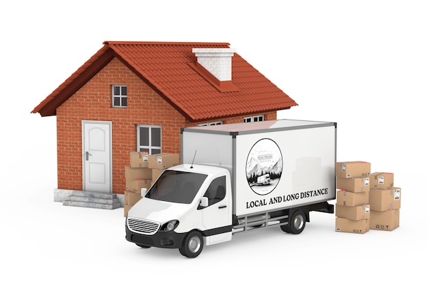 Servicio de mudanzas en el hogar Concepto de mudanza en el hogar Furgoneta cerca de cajas de mudanzas y casa moderna sobre un fondo blanco Renderización 3D