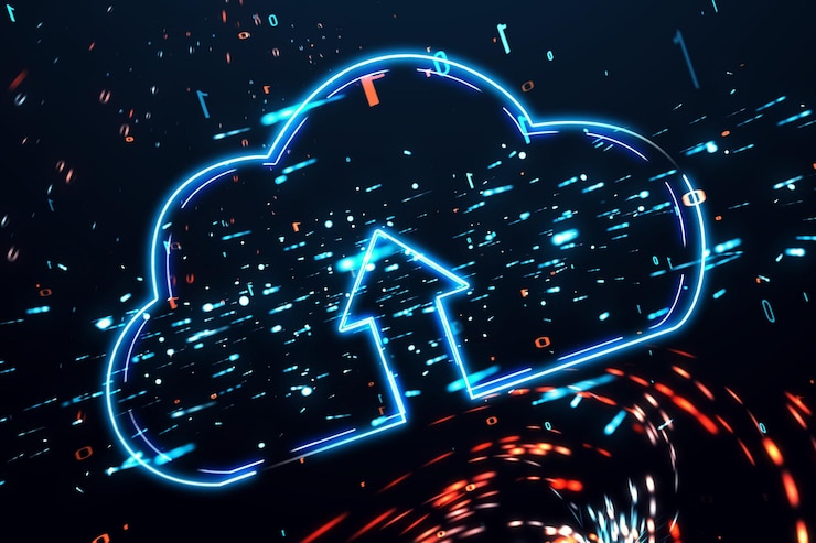 Foto servicio en la nube y concepto de tecnología de intercambio de datos con vista frontal en el símbolo de la nube azul digital con circuito y flecha dentro sobre fondo oscuro con representación 3d de codificación binaria
