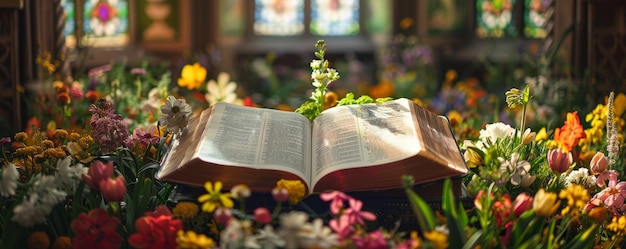 El servicio de Pascua en flor Los textos sagrados de un libro de oraciones en medio de un círculo de flores de primavera