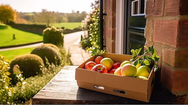 Servicio postal de entrega de alimentos y caja de frutas de compras de comestibles en línea con frutas orgánicas frescas de una granja local en la puerta de una casa en el campo ai generativo posprocesado