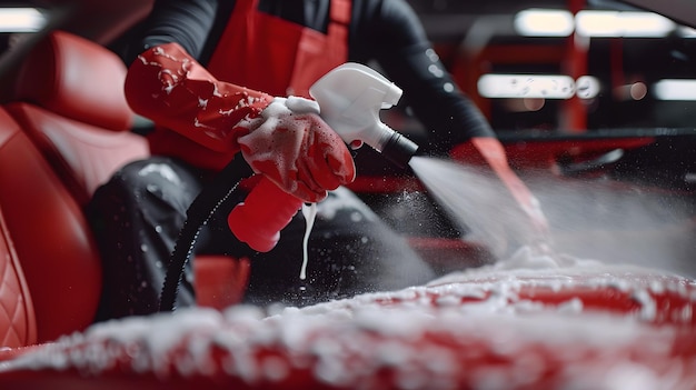 Foto servicio profesional de detallado de automóviles en acción primer plano de las manos lavándose un vehículo de lujo perfecto para publicidad de mantenimiento de automóviles proceso de lavado de coches de alta calidad ia