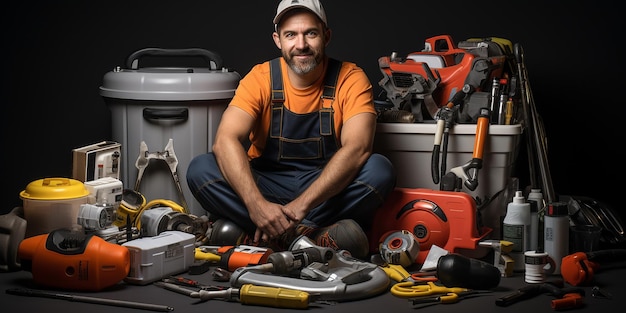 Servicio profesional de plomería en un fondo azul sólido