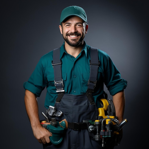 Servicio profesional de plomería en un fondo azul sólido