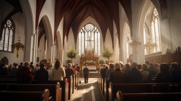 Un servicio religioso el domingo de Pascua con un coro cantando