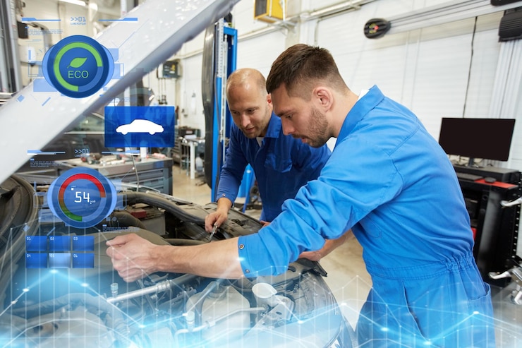 Foto servicio de reparación de automóviles mantenimiento y concepto de personas mecánico hombres con llave inglesa reparación de automóviles en el taller