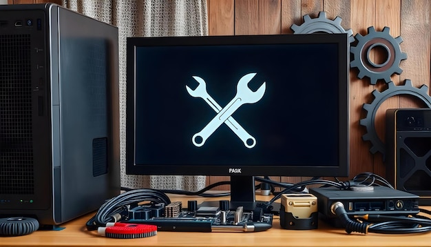 servicio de reparación de computadoras con diversos componentes y herramientas