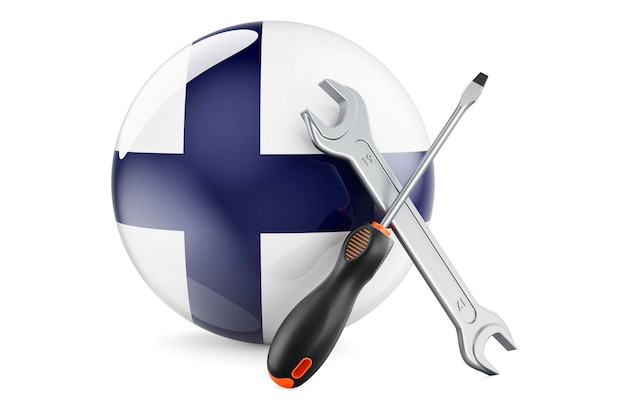 Servicio y reparación en concepto de Finlandia Destornillador y llave con representación 3D de bandera finlandesa