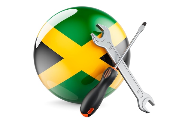 Servicio y reparación en concepto de Jamaica Destornillador y llave con bandera jamaicana 3D rendering aislado sobre fondo blanco.