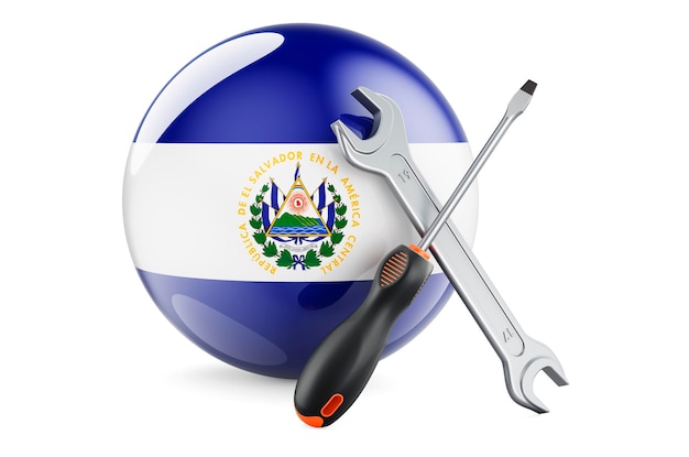 Foto servicio y reparación en el salvador concepto destornillador y llave inglesa con representación 3d de la bandera salvadoreña aislada sobre fondo blanco