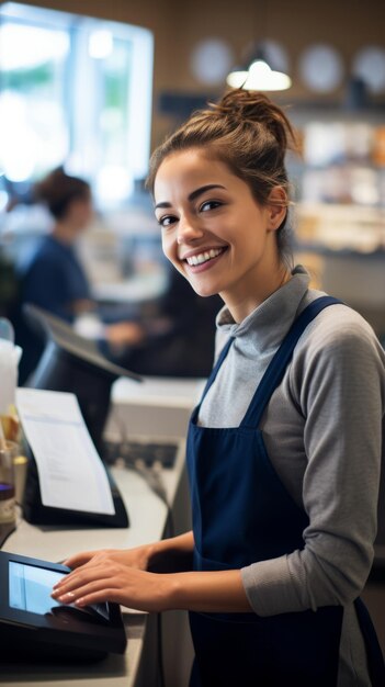 Foto servicio con una sonrisa una joven y atractiva vendedora y cajera ayudando a clientes felices