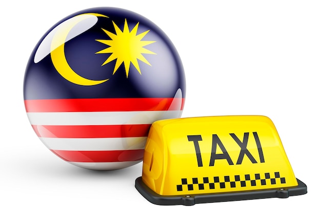 Servicio de taxi en el concepto de Malasia Letrero de taxi amarillo con representación 3D de la bandera de Malasia