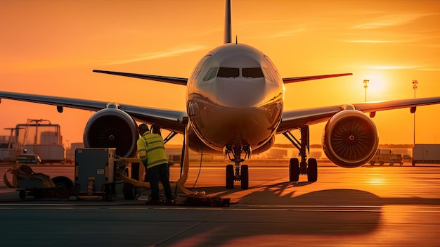 Servicio de trabajador aeroportuario que reabastece de combustible a la aeronave Generativo Ai