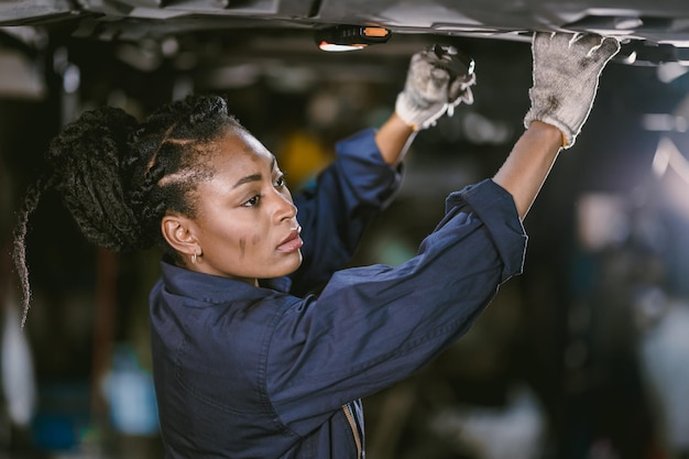 Servicio de trabajo del trabajador del personal mecánico de la mujer africana negra debajo del coche en garaje sucio