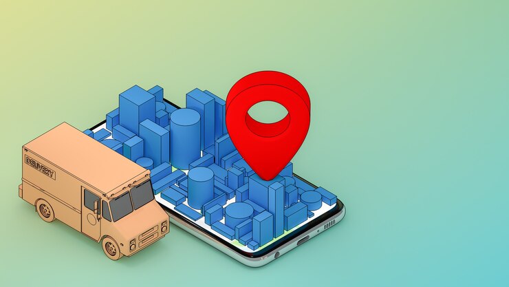 Servicio de transporte de pedidos de aplicaciones móviles en línea., Concepto de entrega., Representación 3D.