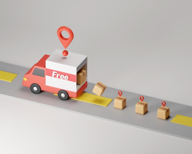 Servicios de entrega en línea con coche de entrega y caja de paquetería aislado sobre fondo púrpura Ilustración de procesamiento 3d de envío y logística de comercio electrónico
