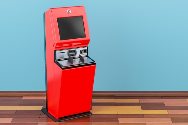 Servicios financieros quiosco terminal digital de pantalla táctil en la habitación en el piso de madera renderización 3D