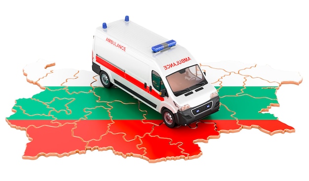 Foto servicios médicos de emergencia en bulgaria furgoneta de ambulancia en el mapa búlgaro representación 3d