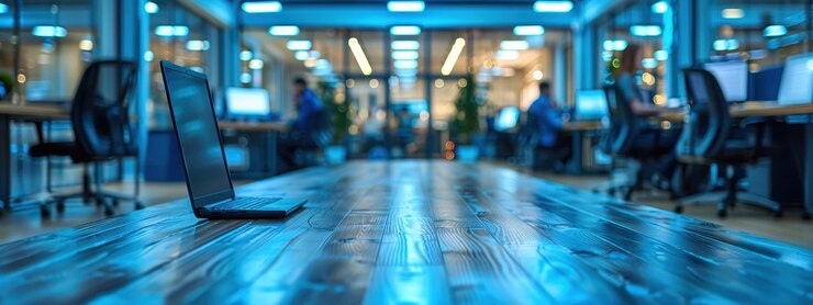 Servicios modernos de implementación de oficinas con efecto Bokeh y empleados ocupados en tonos azules y grises
